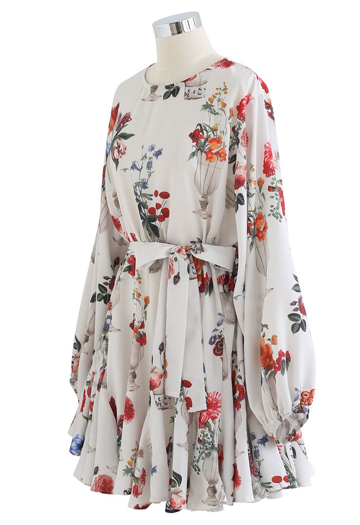 Fascinating Floral Bubble Sleeves Frilling Dress
