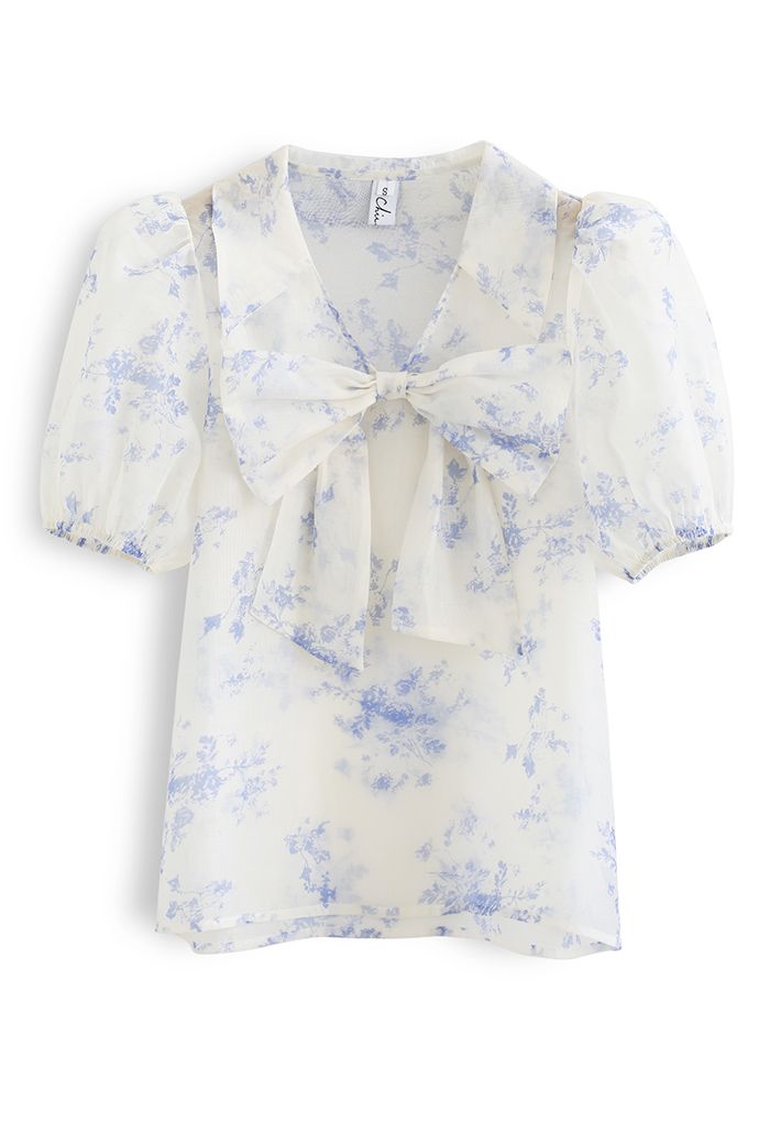 Sweet Bow Short-Sleeve Organza Top in Floral Print