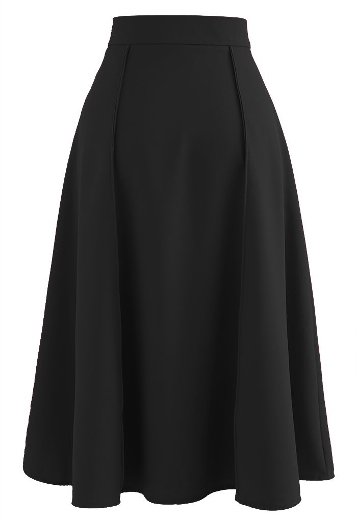 Faux Welt Pocket Seam Detail Midi Skirt in Black