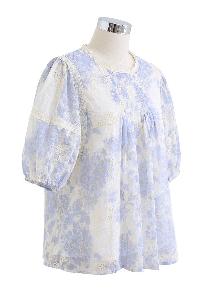 Floral Embroidery Puff Sleeve Top in Blue