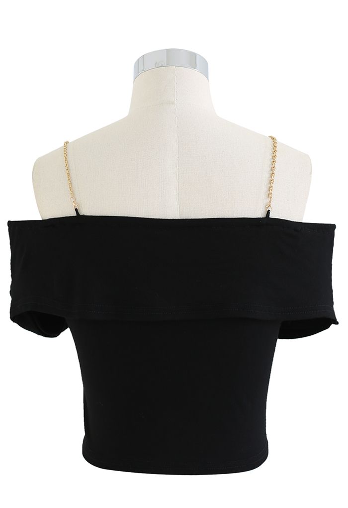 Chain Strap Draped Off-Shoulder Crop Top in Black