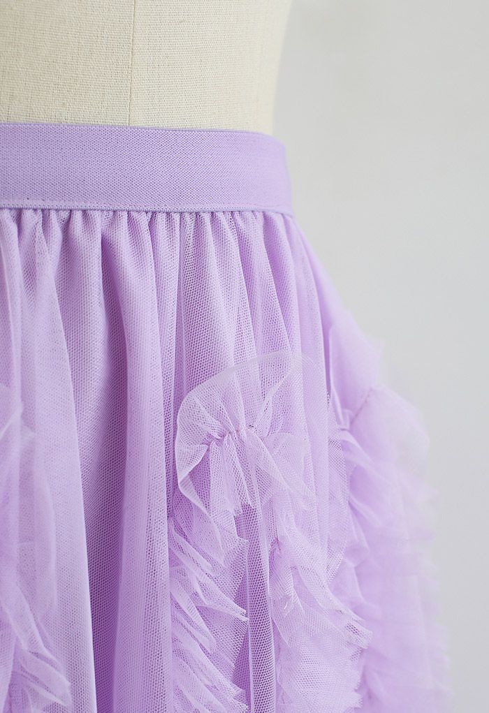 Sinuous Ruffle Double-Layered Mesh Tulle Skirt in Lilac