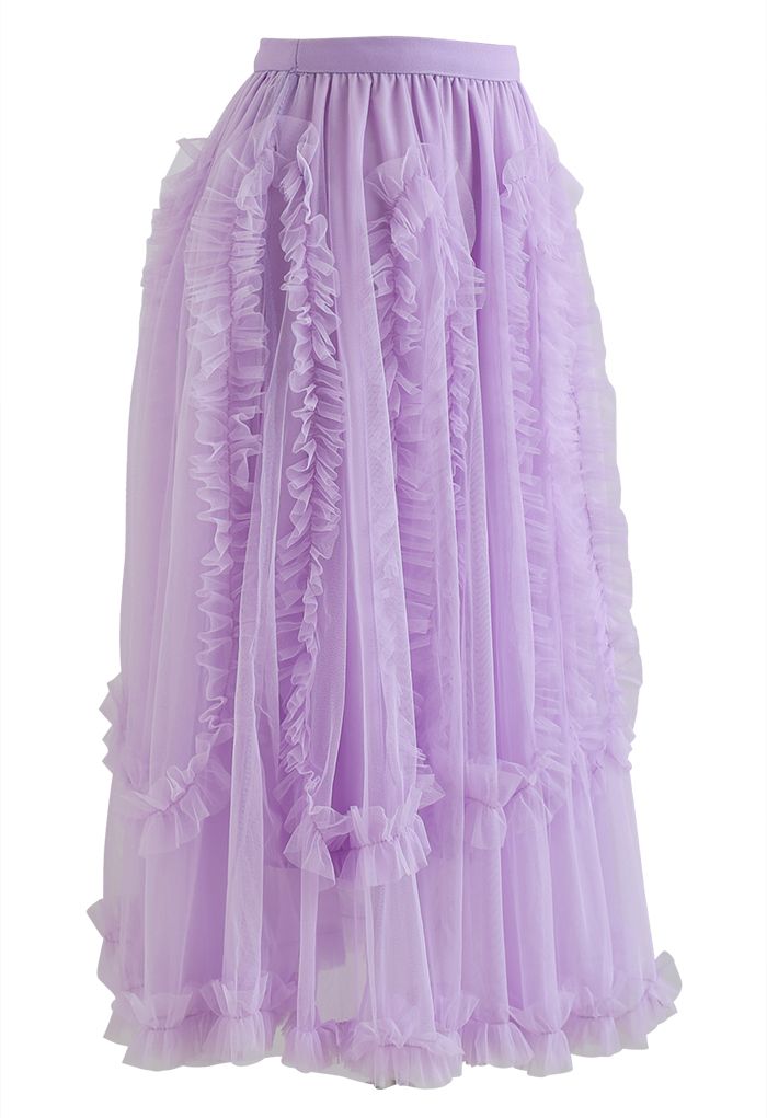 Sinuous Ruffle Double-Layered Mesh Tulle Skirt in Lilac