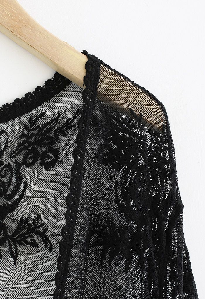 Floral Embroidery Self-Tie Front Kimono in Black