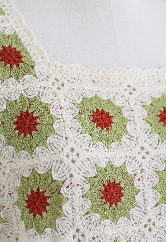 Boho Green Floral Crochet Spliced Top