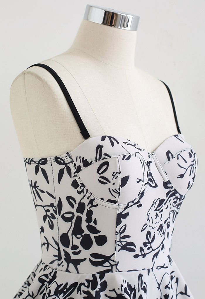 Bustier Inky Branch Tiered Hem Swim Dress