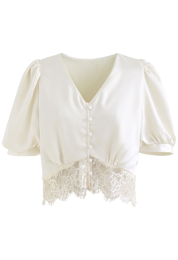 Lacy Waist V-Neck Satin Top in Pearl White