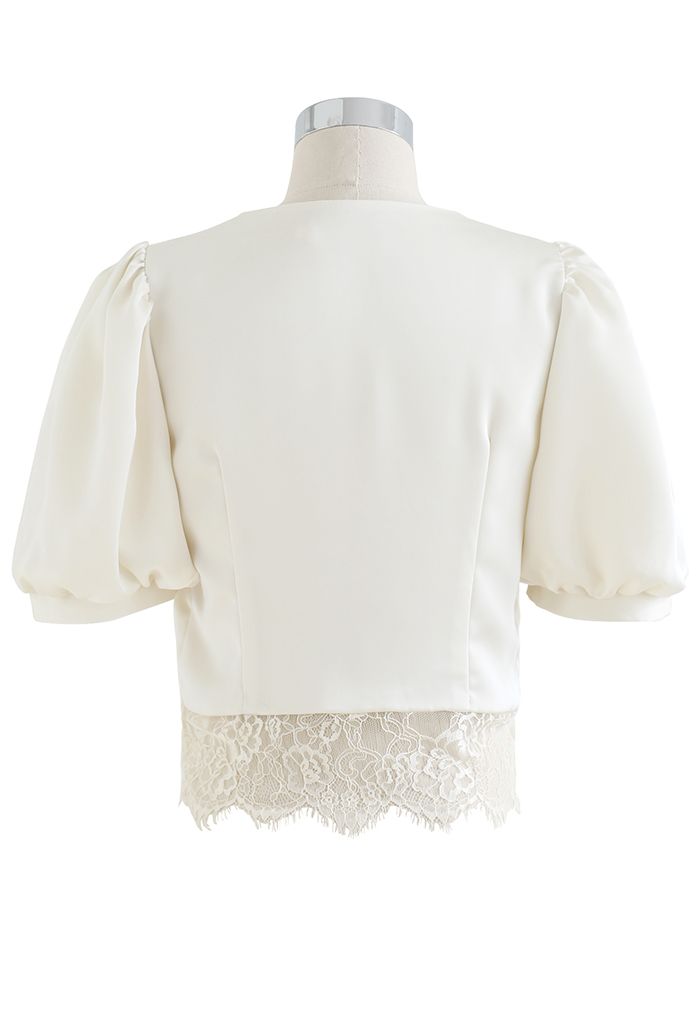 Lacy Waist V-Neck Satin Top in Pearl White