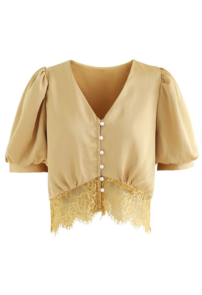 Lacy Waist V-Neck Satin Top in Mustard