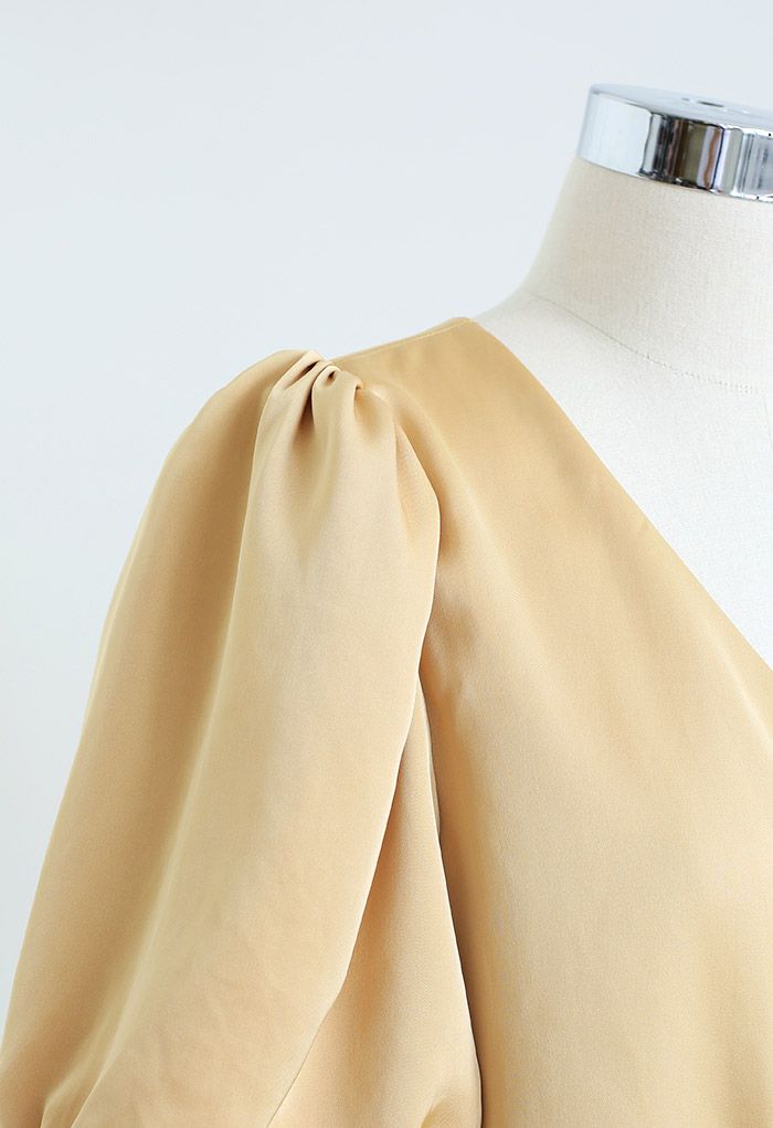 Lacy Waist V-Neck Satin Top in Mustard