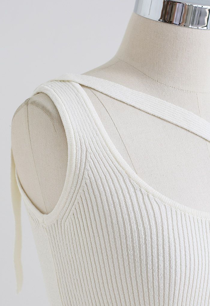 Button Strap One-Shoulder Knit Tank Top in White