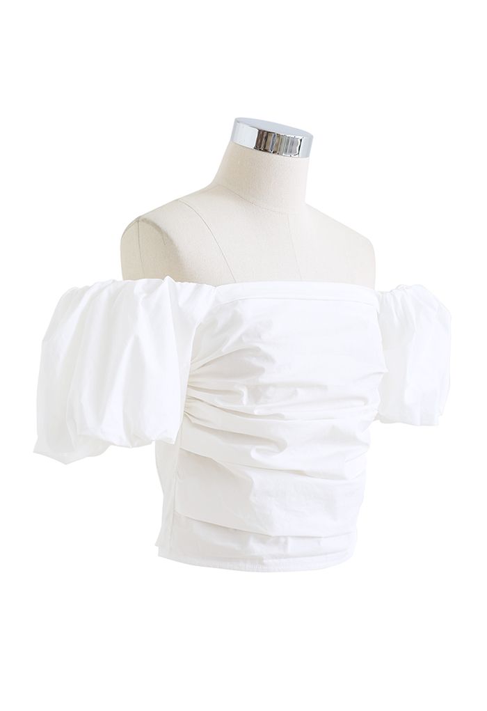 Puff Sleeve Off-Shoulder Cotton Crop Top in White