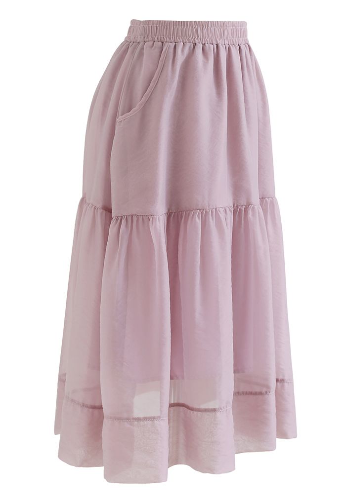 Side Pocket Semi-Sheer Frilling Skirt in Dusty Pink