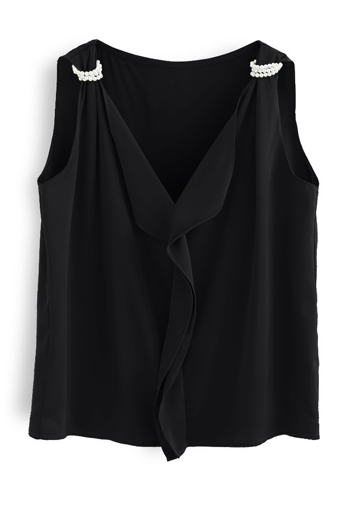 Pearl Decorated Ruffle Neck Sleeveless Top in Black