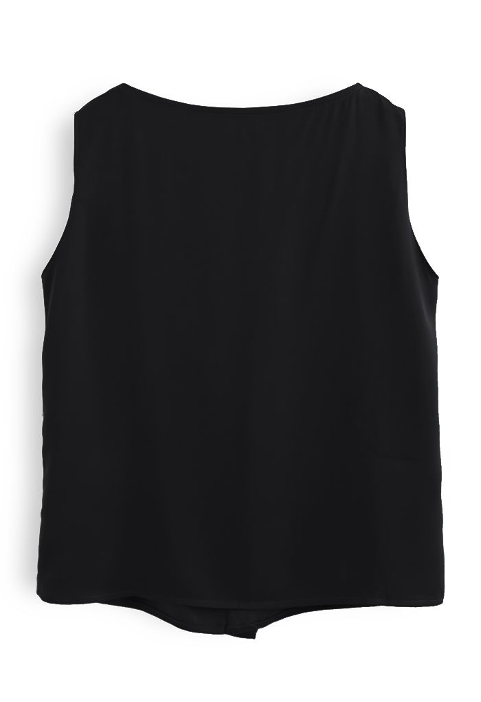 Pearl Decorated Ruffle Neck Sleeveless Top in Black