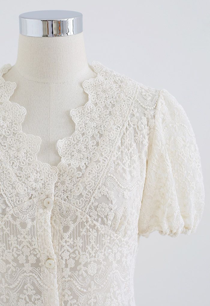 Full Delicate Embroidery Buttoned Mesh Top in Cream
