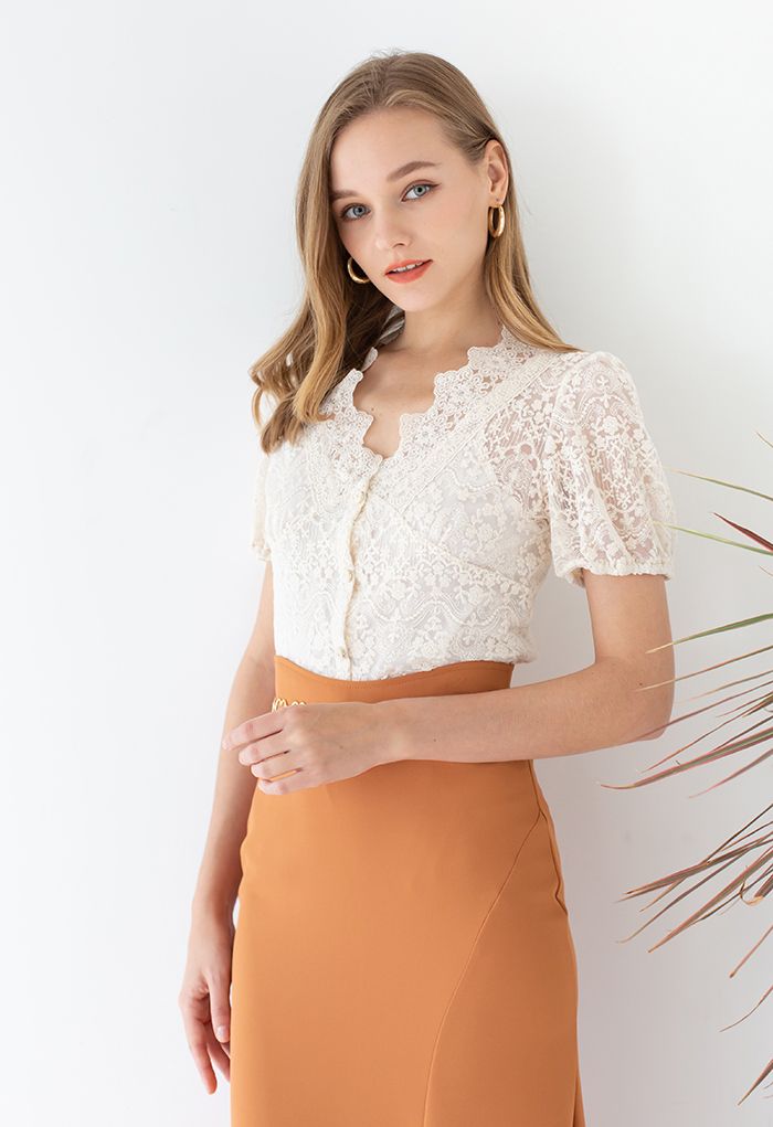 Full Delicate Embroidery Buttoned Mesh Top in Cream