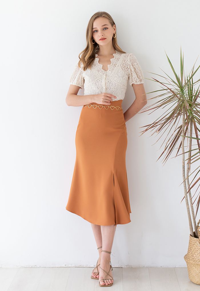 High-Waisted Split Asymmetric Frilling Skirt in Orange