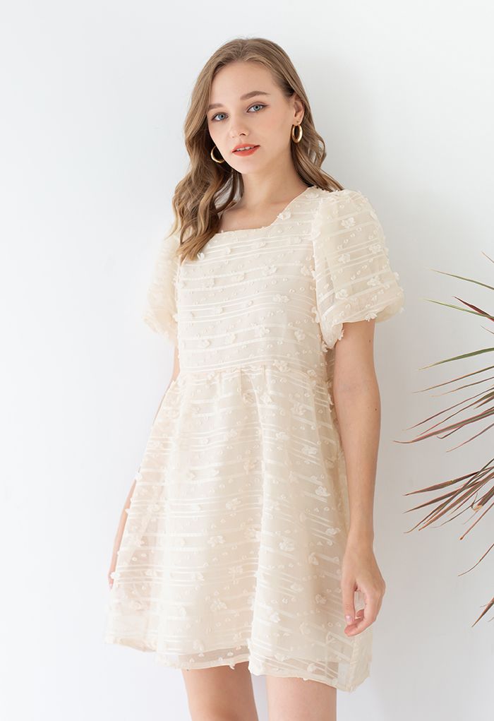 3D Cotton Candy Mesh Overlay Mini Dress in Cream