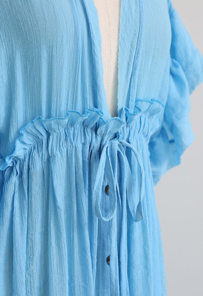 Ruffle Sleeves Deep V-Neck Cover Up in Blue