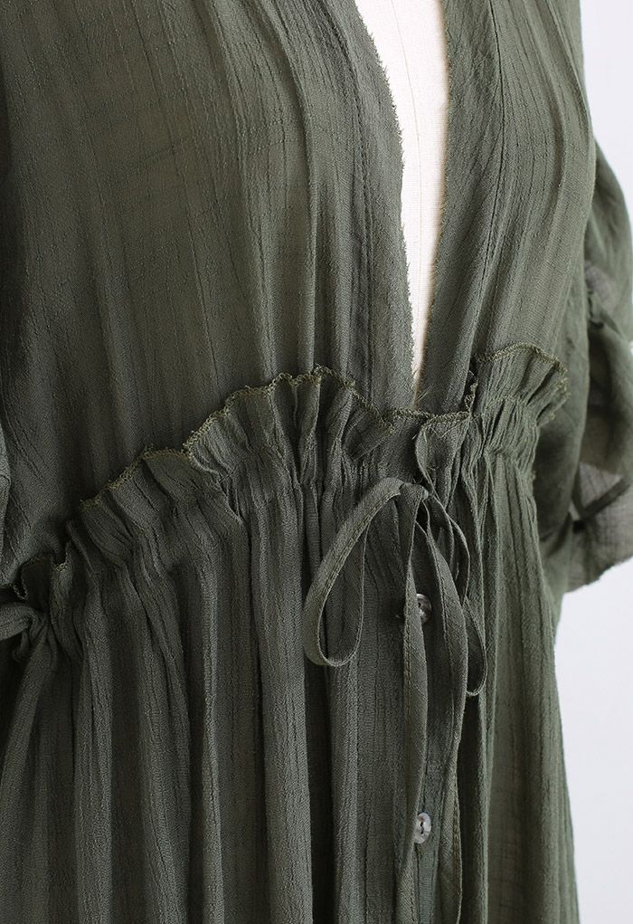 Ruffle Sleeves Deep V-Neck Cover Up in Army Green