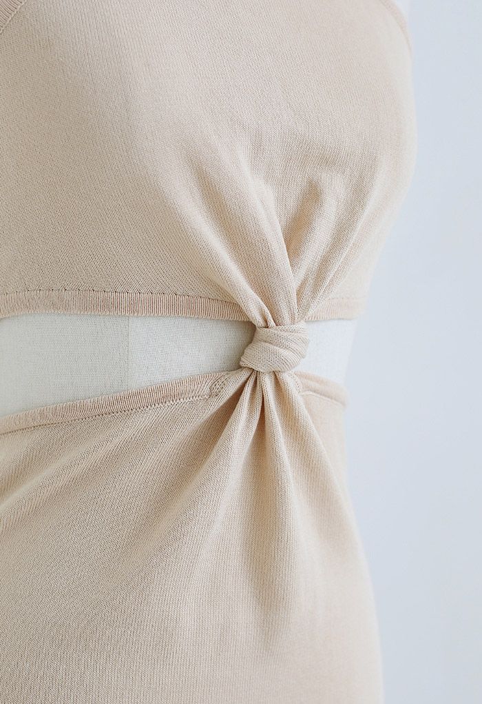 Knot Front Cut Out Waist Knit Midi Dress in Light Tan