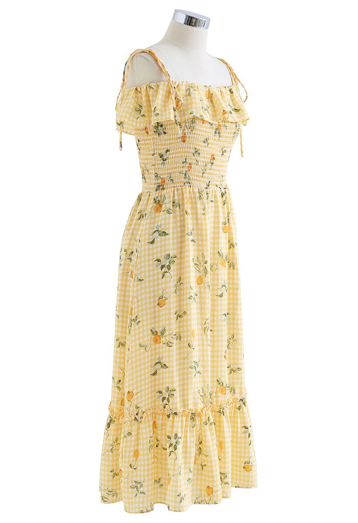 Lemon and Gingham Print Shirred Midi Dress