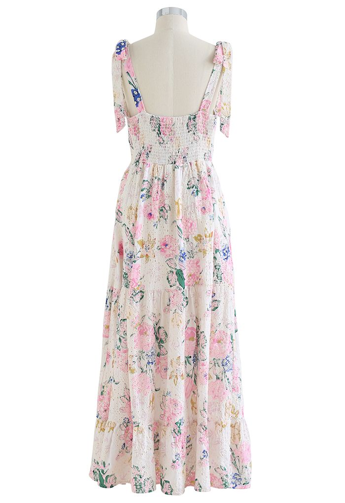 Pink Floral Embroidered Eyelet Tie-Strap Maxi Dress