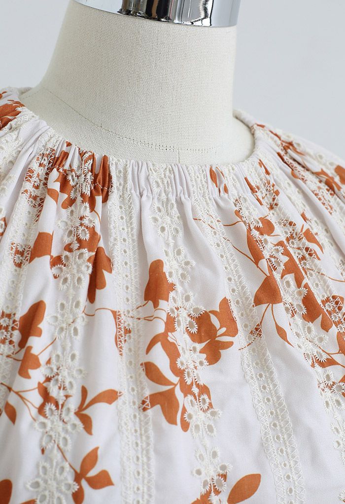 Maple Leaf Print Cutout Waist Eyelet Dress