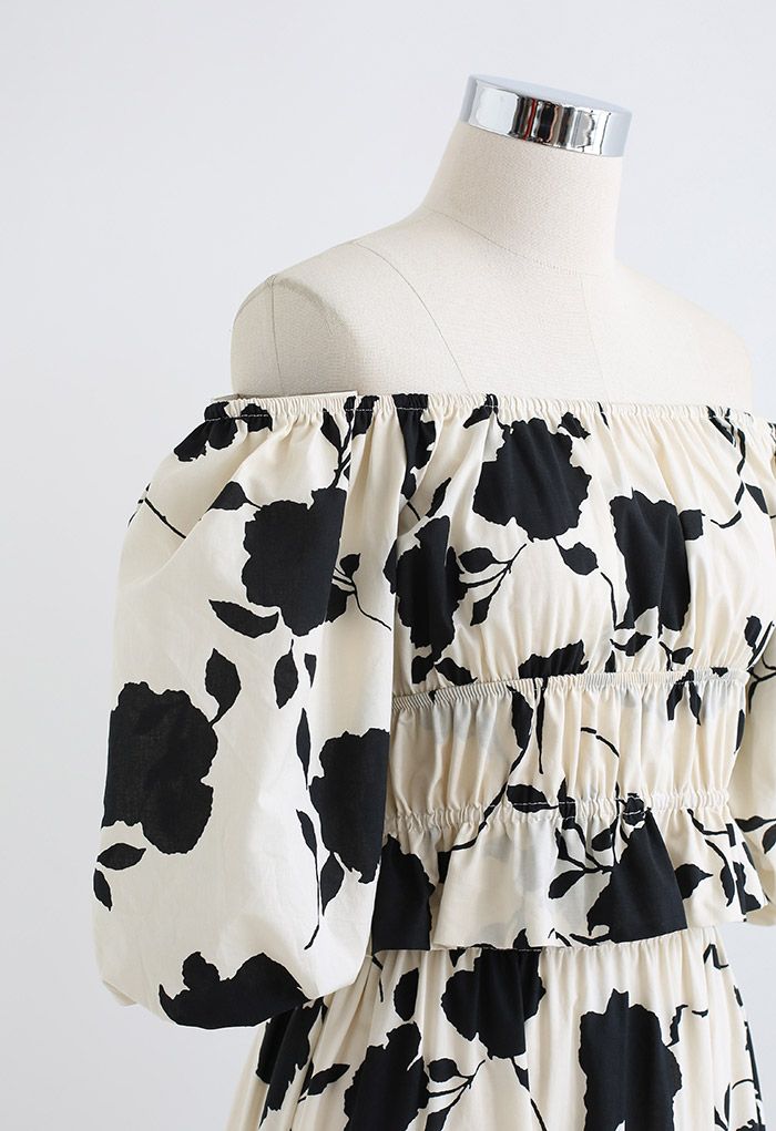 Black Floral Off-Shoulder Crop Top and Skirt Set