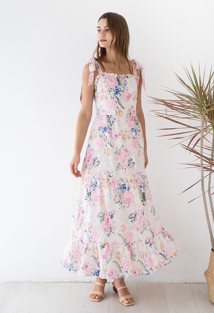 Pink Floral Embroidered Eyelet Tie-Strap Maxi Dress