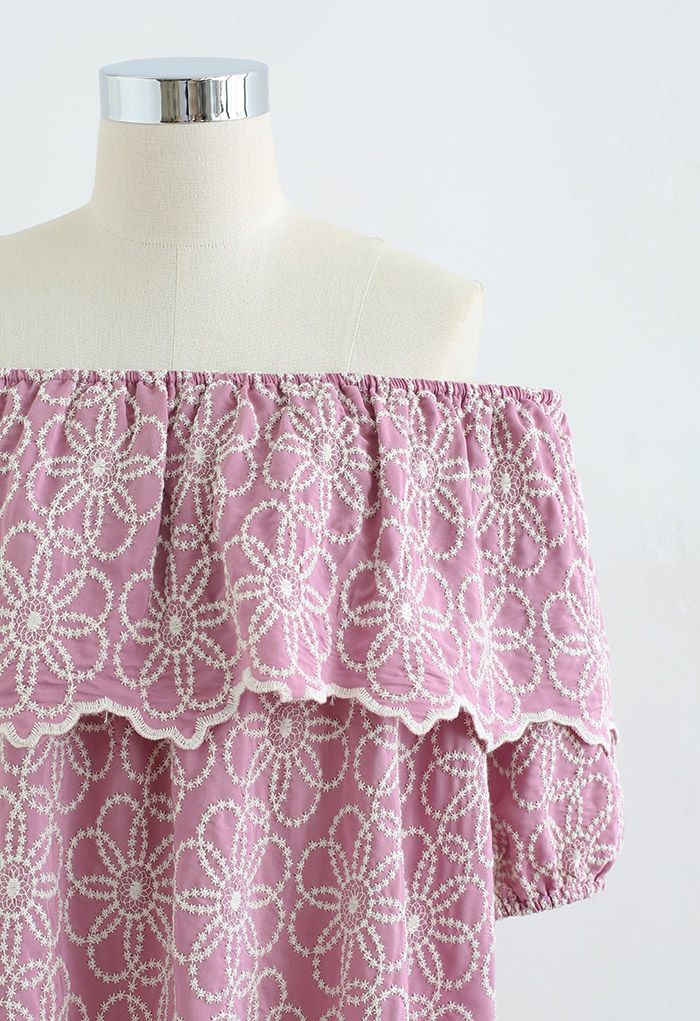 Embroidered Flower Flap Off-Shoulder Top in Pink