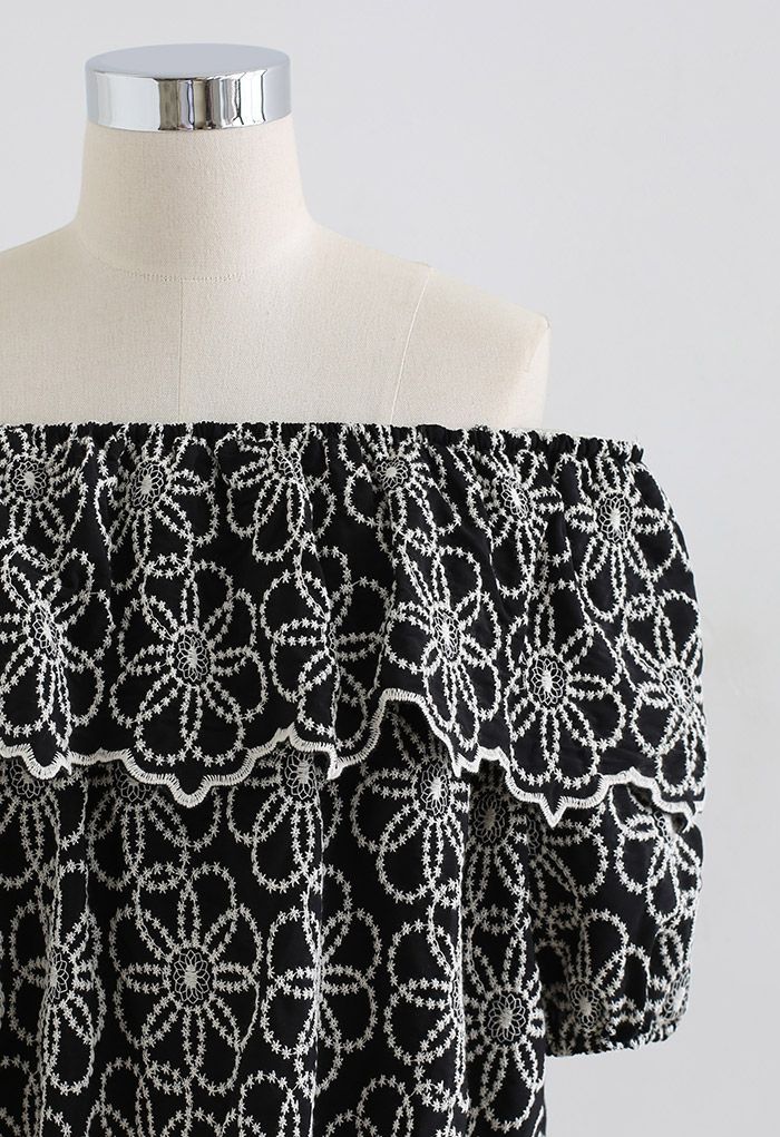 Embroidered Flower Flap Off-Shoulder Top in Black