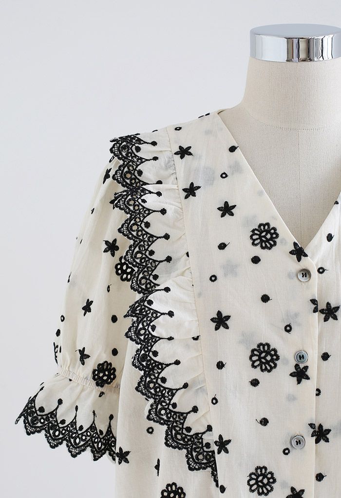 Vintage Black Embroidery Button Down Shirt