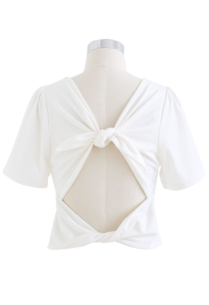 Knotted Cutout Back Crop Top in White