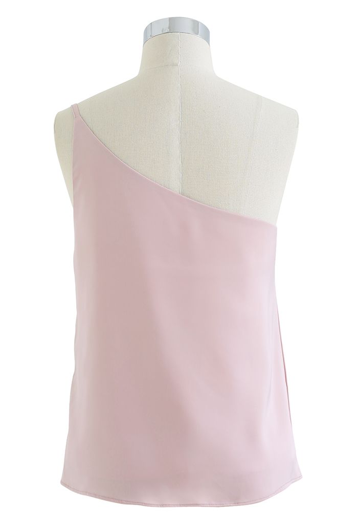 Stylish One-Shoulder Satin Cami Top in Pink