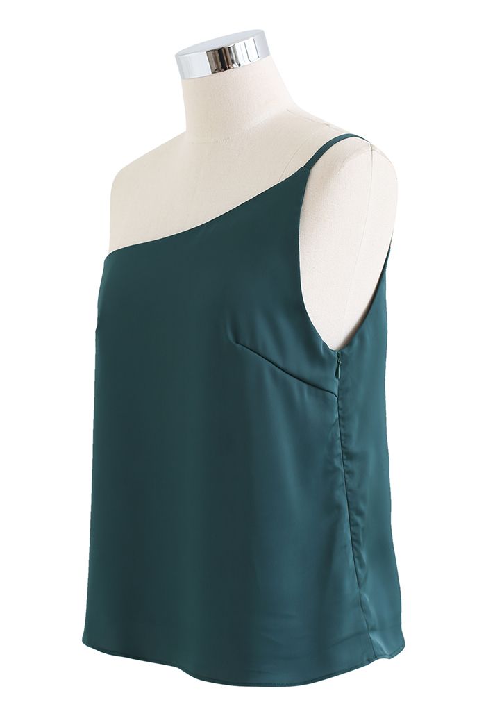 Stylish One-Shoulder Satin Cami Top in Dark Green