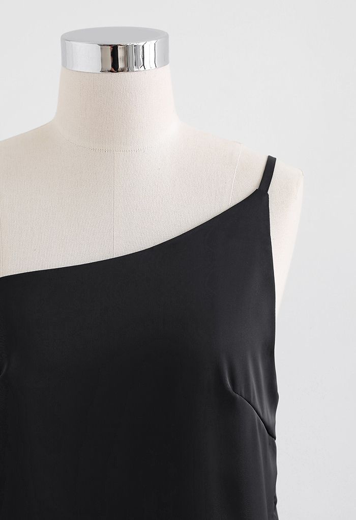 Stylish One-Shoulder Satin Cami Top in Black