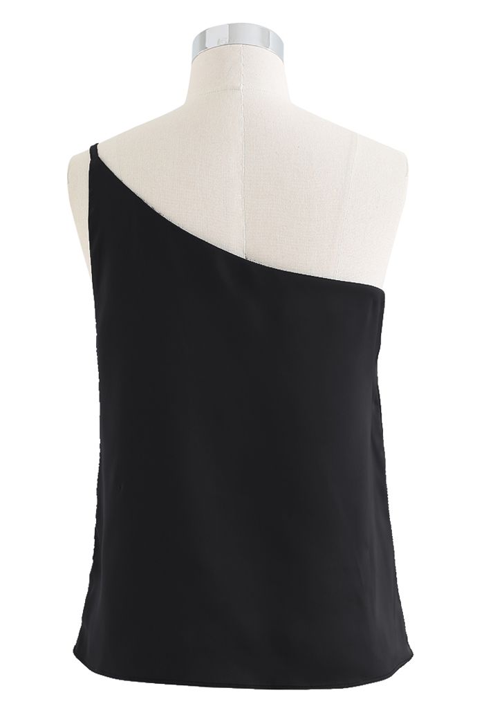Stylish One-Shoulder Satin Cami Top in Black