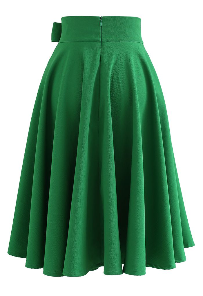 Flare Hem Bowknot Waist Midi Skirt in Green