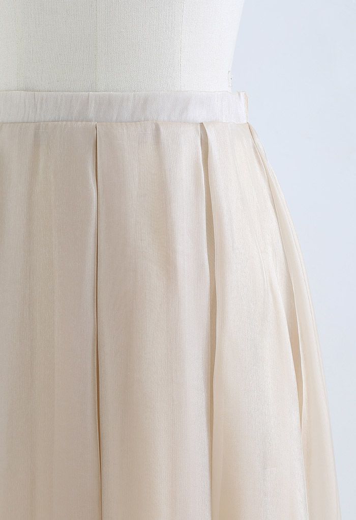 Shimmery Organza Pleated Midi Skirt in Camel
