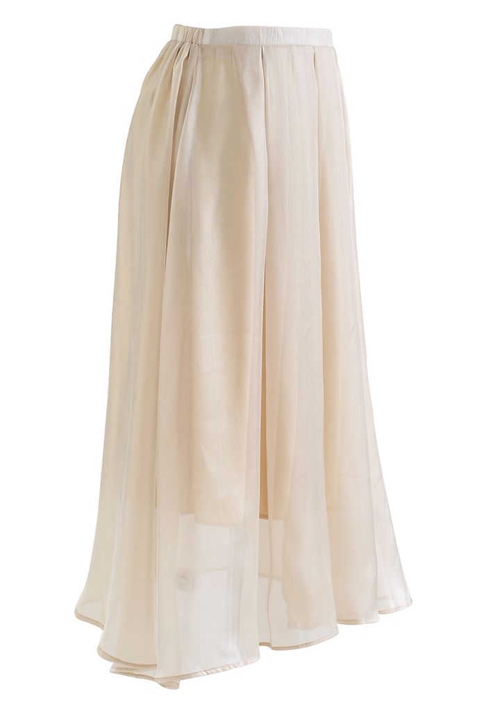 Shimmery Organza Pleated Midi Skirt in Camel