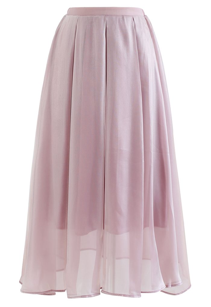 Shimmery Organza Pleated Midi Skirt in Dusty Pink