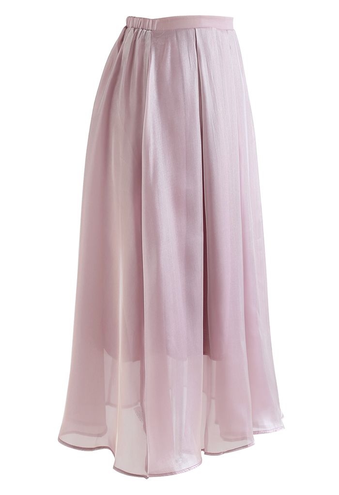 Shimmery Organza Pleated Midi Skirt in Dusty Pink