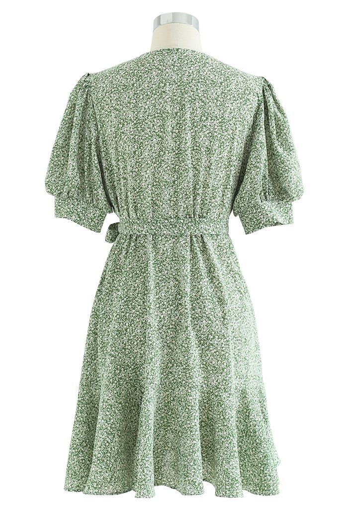 Ditsy Floral Asymmetric Frill Hem Wrap Dress in Green