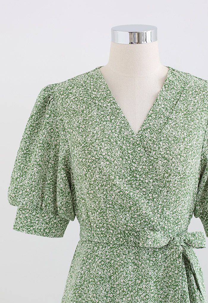 Ditsy Floral Asymmetric Frill Hem Wrap Dress in Green