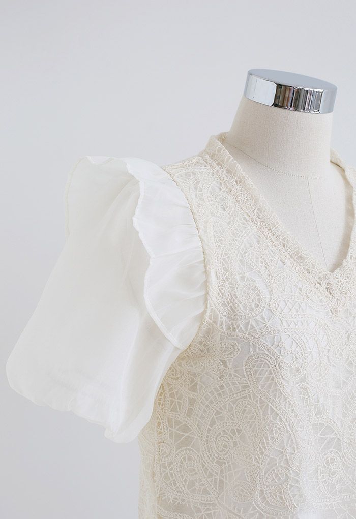 Delicate Embroidery Organza Short-Sleeve Top
