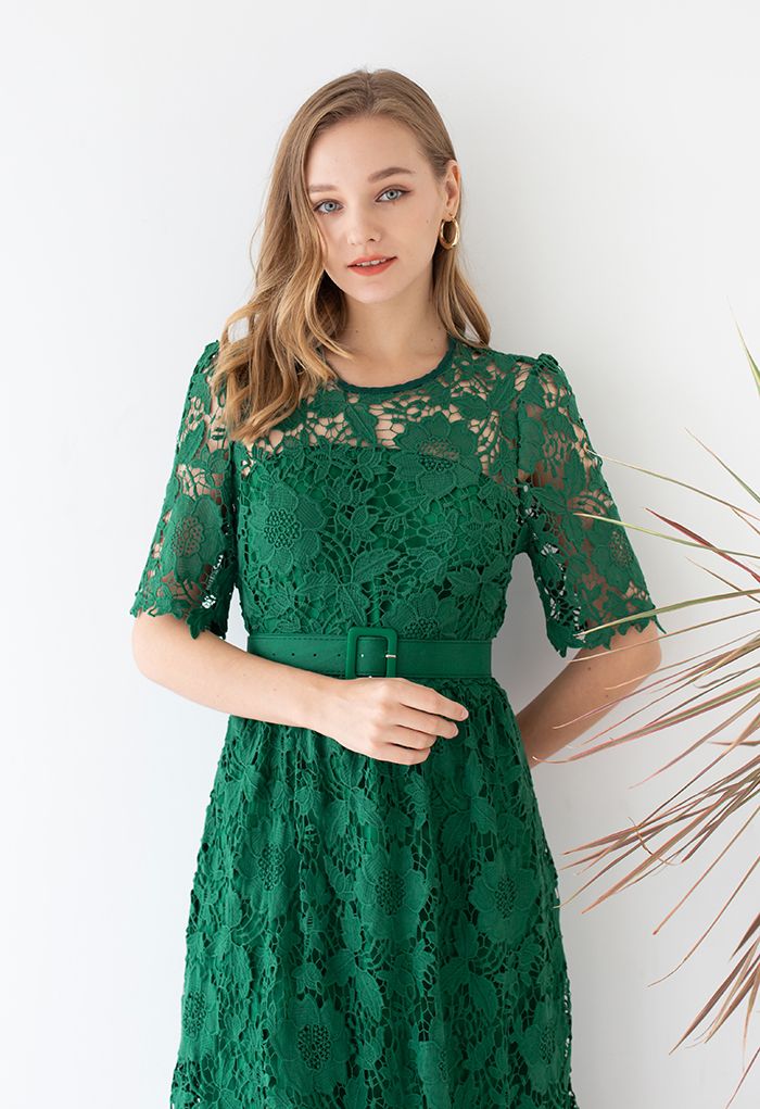 Princess Chic Floral Crochet Belted Dress in Green