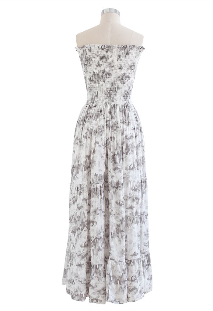 Oil Painting Shirring Strapless Dress in Grey