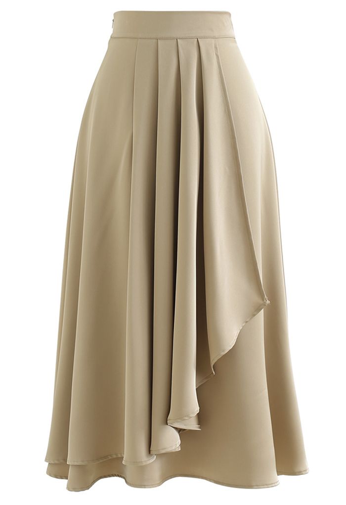 Flowy Satin Pleated Flap Midi Skirt in Light Tan